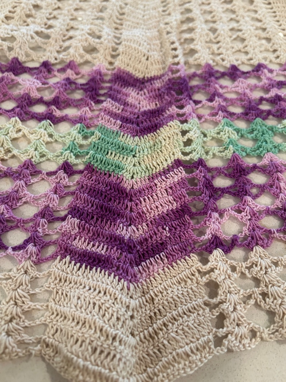 Vintage 1970’s Crochet Apron in soft Cream with Purple & Mint Stripes - Picture 2 of 3